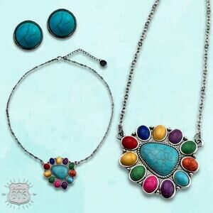 Multicolor Stone Western Southwestern Triangle Necklace Earring Set